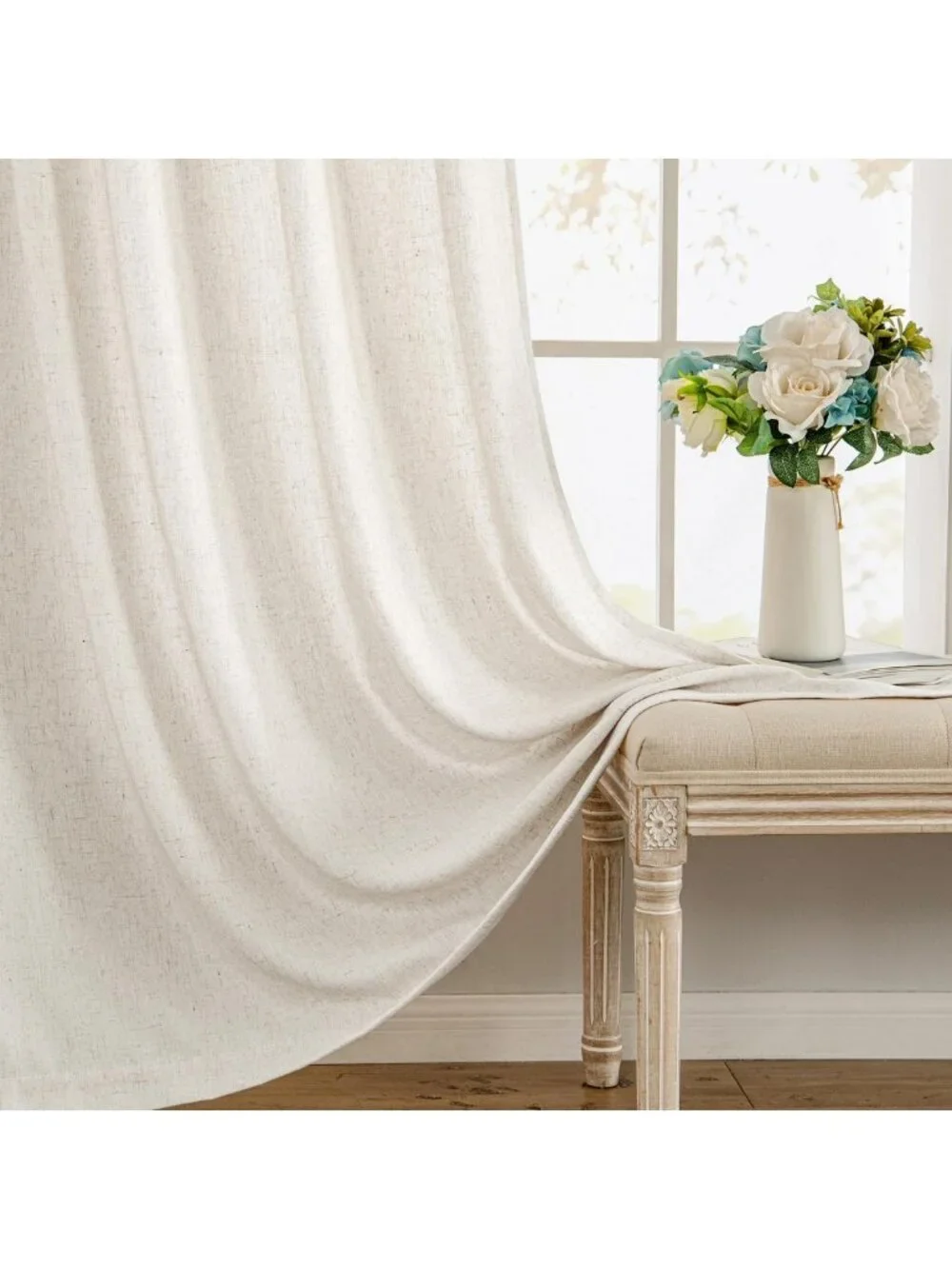 Light Filtering Linen Curtains - 2 Panels, Semi-Sheer Drapes for Bedroom/Living